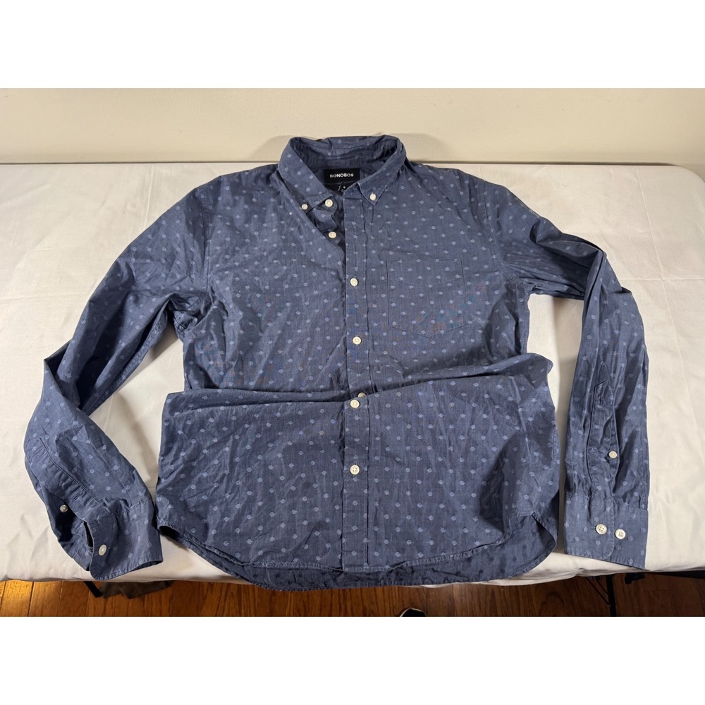 Bonobos Mens Slim Fit Polka Dot Button Down Shirt Navy Blue Size Medium